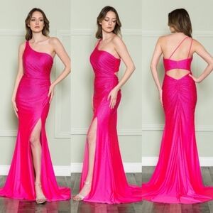 Ed Young Hot Pink Fitted One Shoulder Rhinestone Gown